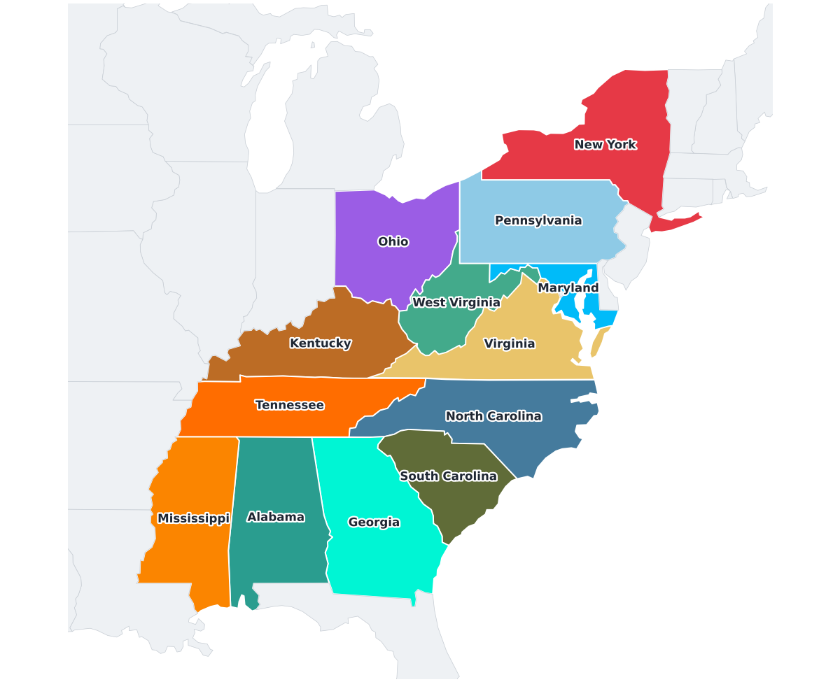 Appalachian Region Region Labeled Map - free printable map of Appalachian Region