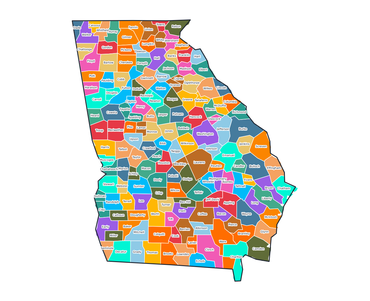 Georgia Labeled County Map - free printable map of Georgia