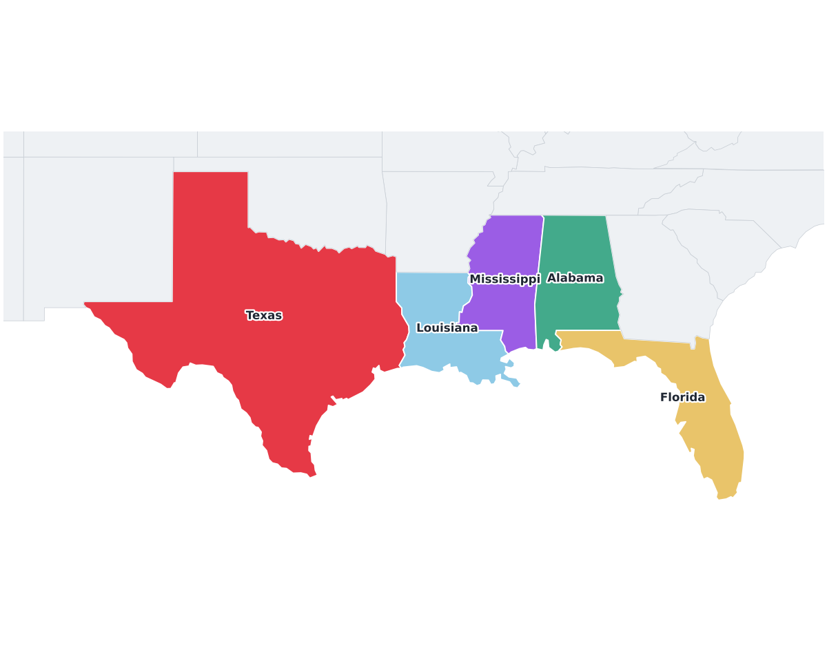 Gulf Coast Region Labeled Map - free printable map of Gulf Coast