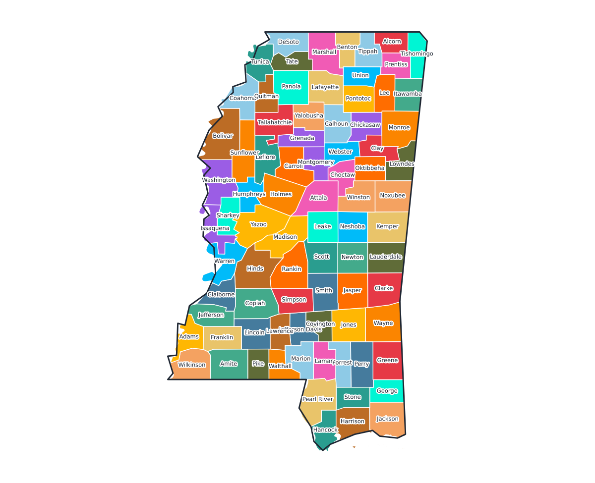 Mississippi Labeled County Map - free printable map of Mississippi