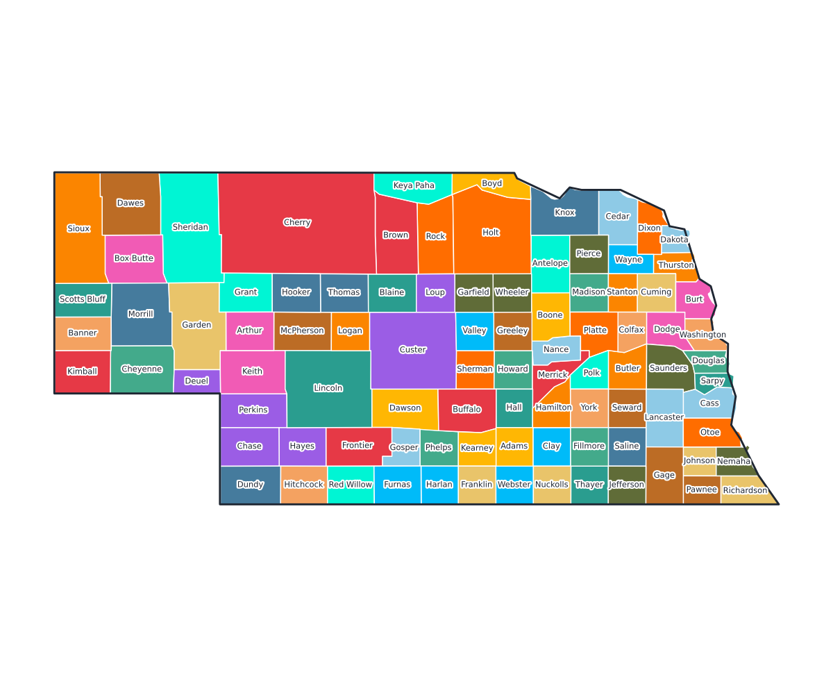 Nebraska Labeled County Map - free printable map of Nebraska