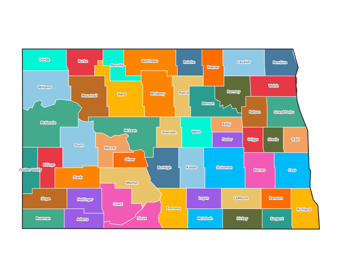 North Dakota Labeled County Map - free printable map of North Dakota