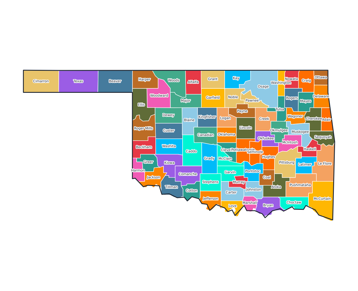 Oklahoma Labeled County Map - free printable map of Oklahoma