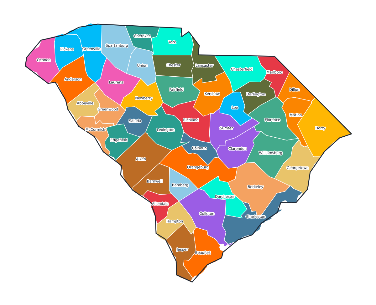 South Carolina Labeled County Map - free printable map of South Carolina