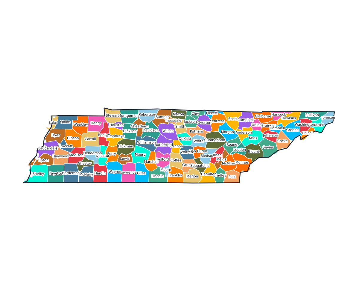 Tennessee Labeled County Map - free printable map of Tennessee