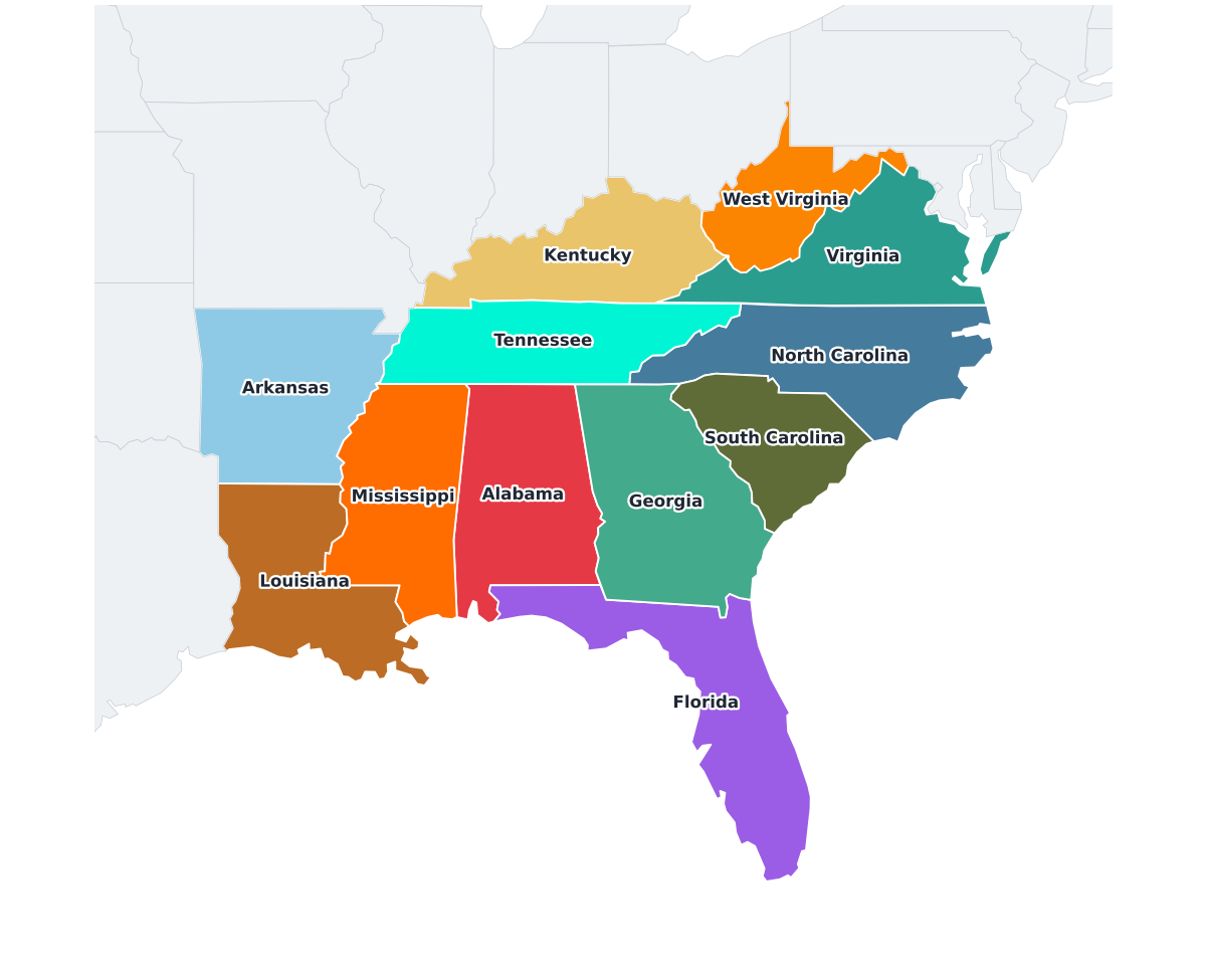 The South Region Labeled Map - free printable map of The South