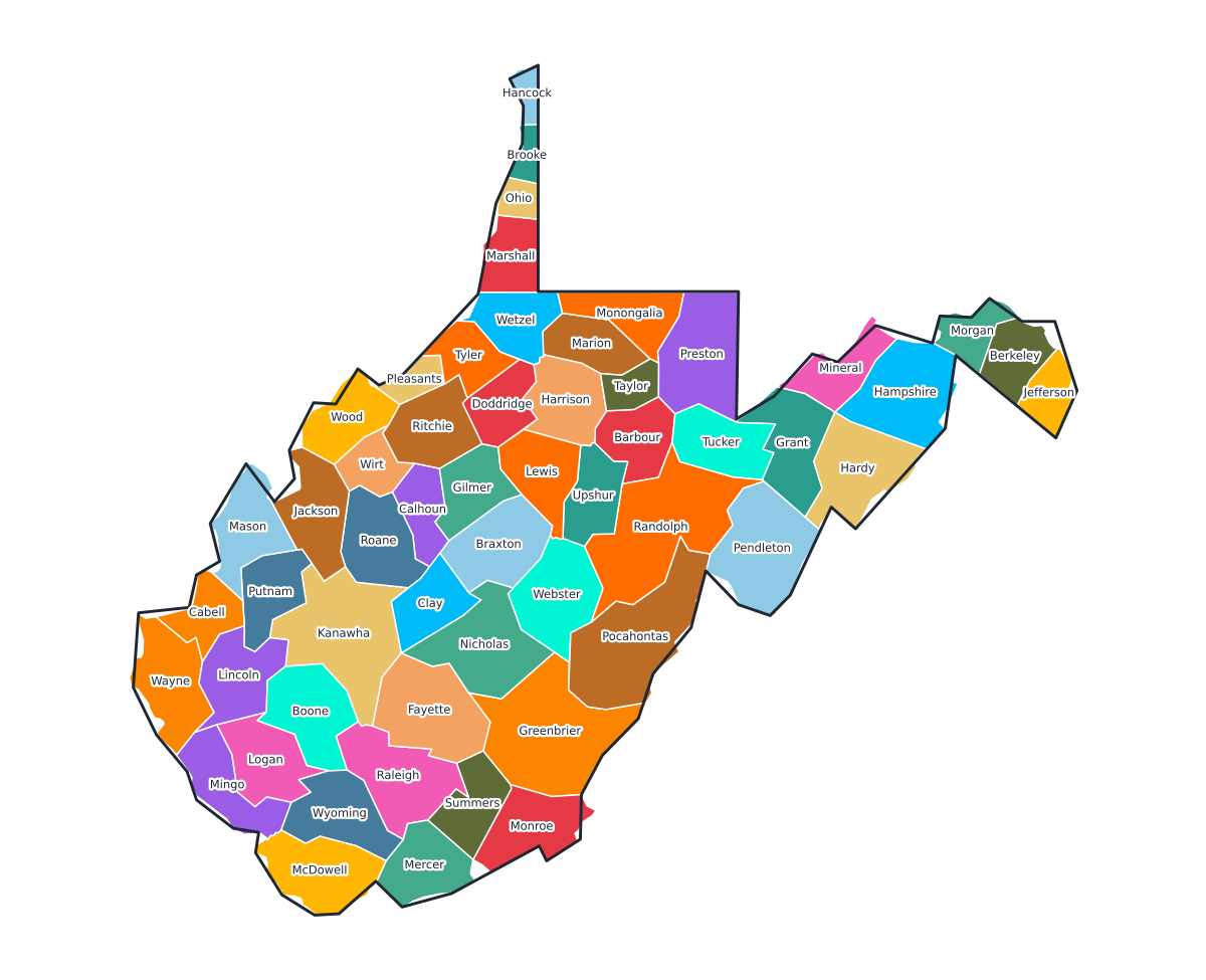 West Virginia Labeled County Map - free printable map of West Virginia